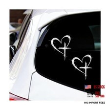 2PCS Bling Love Cross Car Sticker, Shiny Heart Cross Christian Silver/2PCS