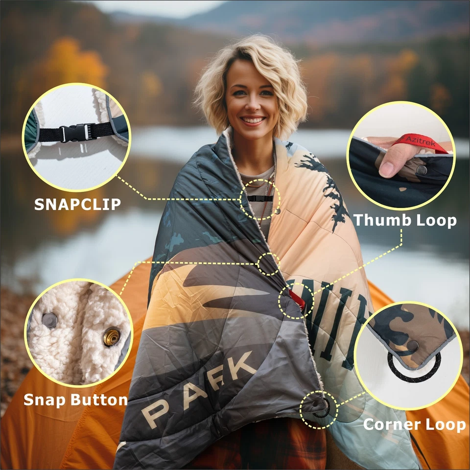AZITREK Puffy Sherpa Camping Blanket - Wearable Packable Travel Blanket Stadium - Image 2 of 4