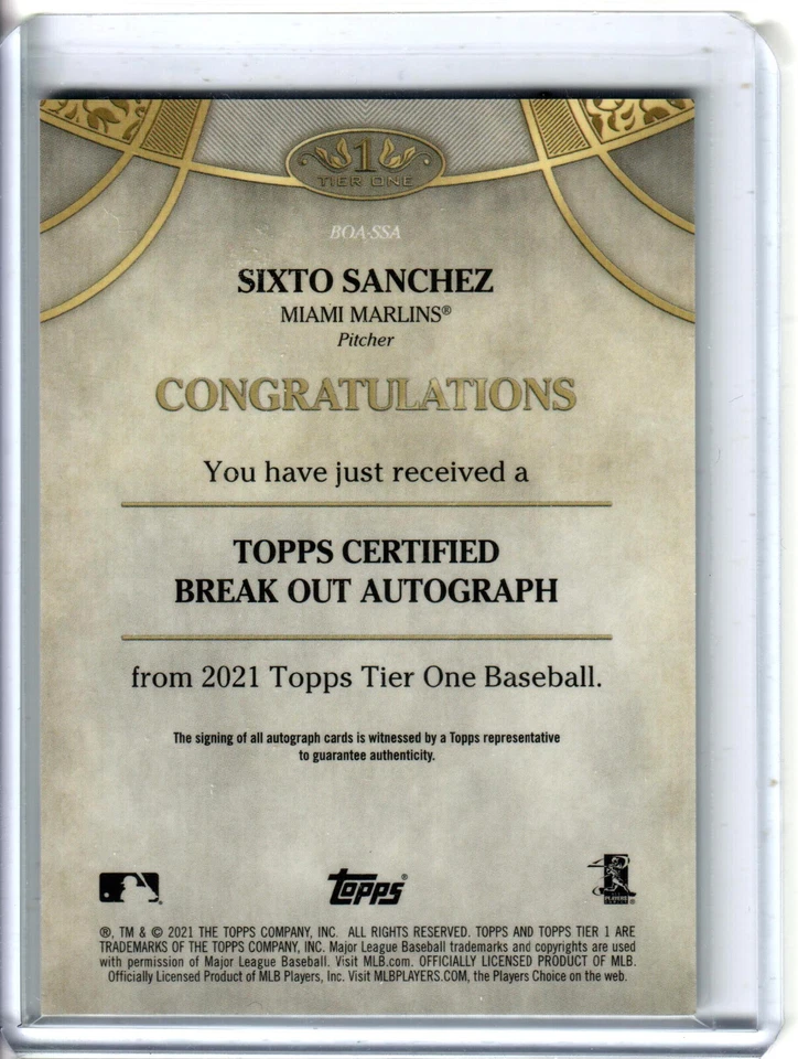 2021 Topps Tier One Sixto Sanchez Break Out Rookie Auto /275 RC - Image 2 of 2