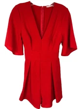San Joy Size M Red Romper Deep V-Neck Flared Sleeve Wide Self Belt Back Zip Cute