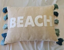 Pescara Decorative Pillow "Beach" Embroidered - Taupe, White and Multi Blue