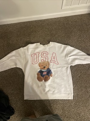 Grayson/Threads White USA Graphic Teddy Bear Longsleeve Pullover Sweater Women M