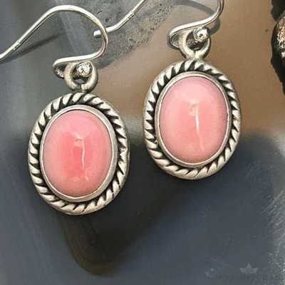 Sterling Silver Southwestern Style Oval Pink Conch Dangle Earrings For Women
