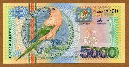 SURINAME - 5000 GULDEN - NICE SERIAL# 887700 - 1.1.2000 - P152a - UNCIRCULATED