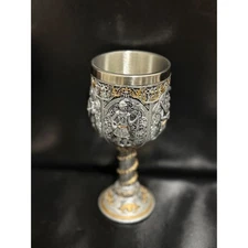 Medieval Knight Goblet Chalice Embossed Silver Gold Tone Metal Drinkware