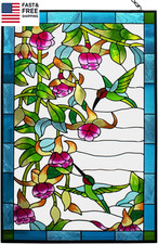 W10Xh15 Inch Hummingbird Stained Glass Window Hangings, Suncatcher Panel with Ch
