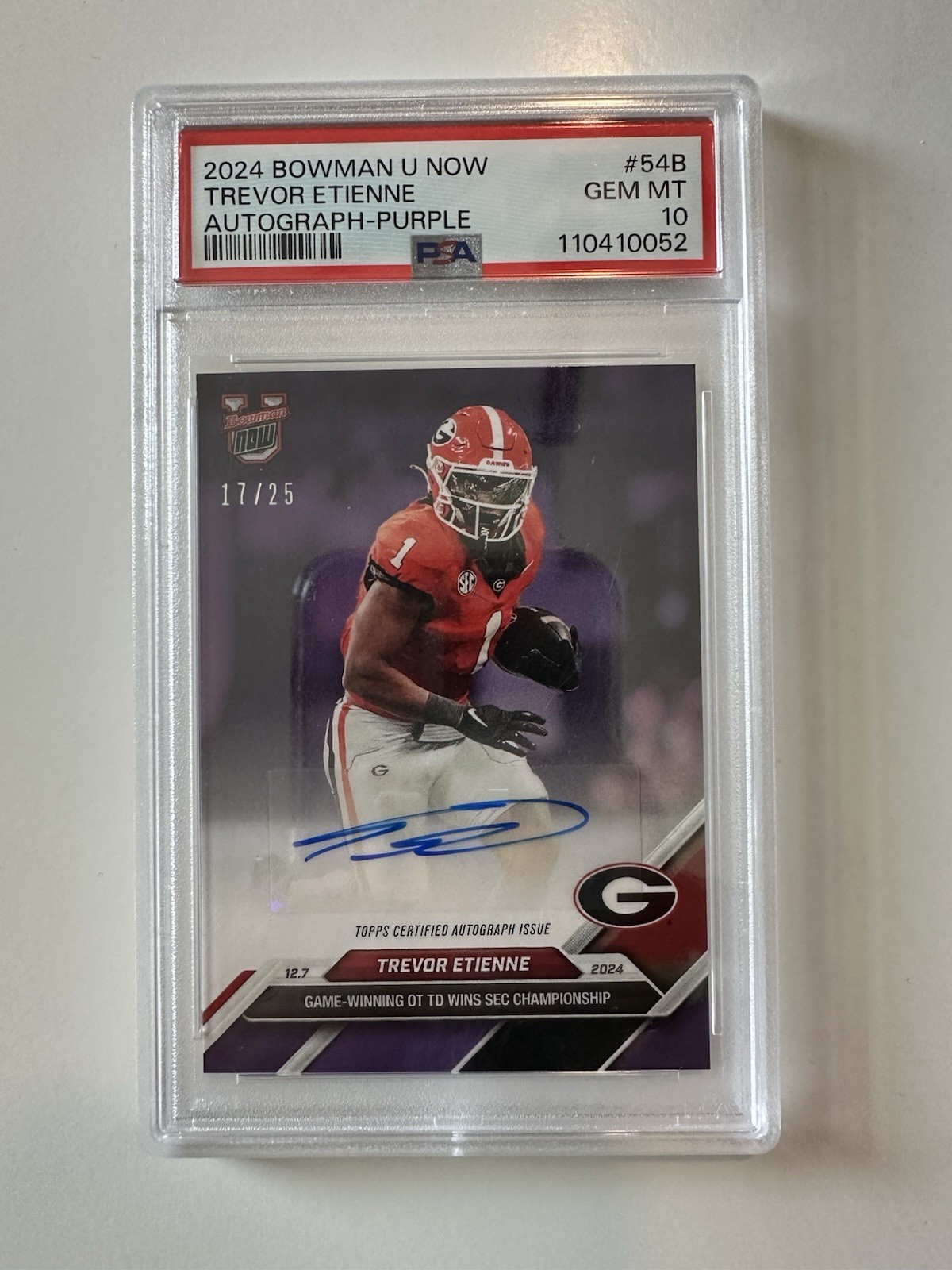 Trevor Etienne Georgia Bulldogs 2024 Bowman U Now #54B Purple Auto /25 UGA Bulldogs PSA 10 
