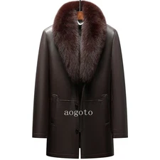 Mens Real Fox Fur Collar Rabbit Fur Lined Sheepskin Mid Long Coat Parka Overcoat