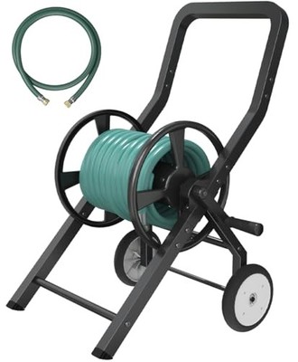 Garden Hose Reel Cart with Wheels, Outdoor Heavy Duty Powder-coated Steel Black