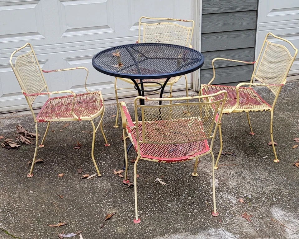 Juego de mesa de comedor de muebles de patio de hierro vintage amarillo rojo de 5 piezas 4 sillas mesa de 30" Foto 2 de 4