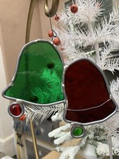 VTG Leaded Stained Glass Christmas Bells Ornament Red/Green Sun Catcher