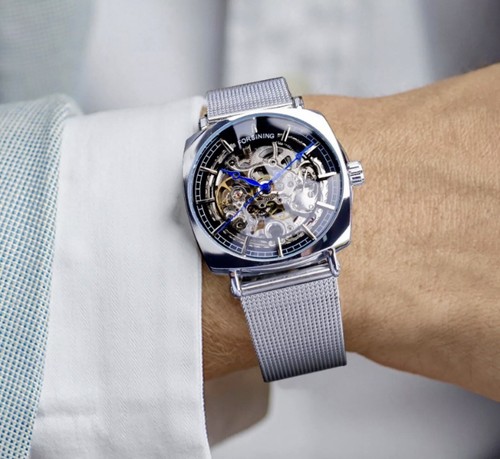 FORSINING Skelett Transparent Automatik Uhr Edelstahl Meshband. Geschenkidee - Bild 5 von 8