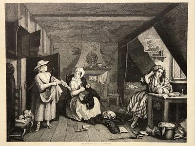 The Distressed Poet Satire Humor 1860 William Hogarth Antik Stahlstich Engraving - Bild 1 von 4