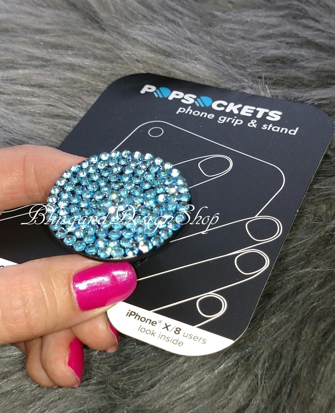 Handmade Bling Customized Black Popsocket made with Teal Swarovski Crystals-image