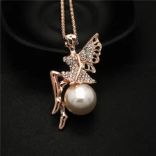 Fashion Women Shiny Crystal White Big Pearl Wing Fairy Pendant Chain Necklace