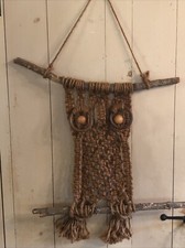 Vintage 1970s Macrame Owl Wall Art Hanging Boho Mid Century Natural Jute Wood