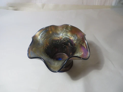 VINTAGE FENTON COBALT BLUE CARNIVAL GLASS HOLLY BERRY 6” HAT VASE