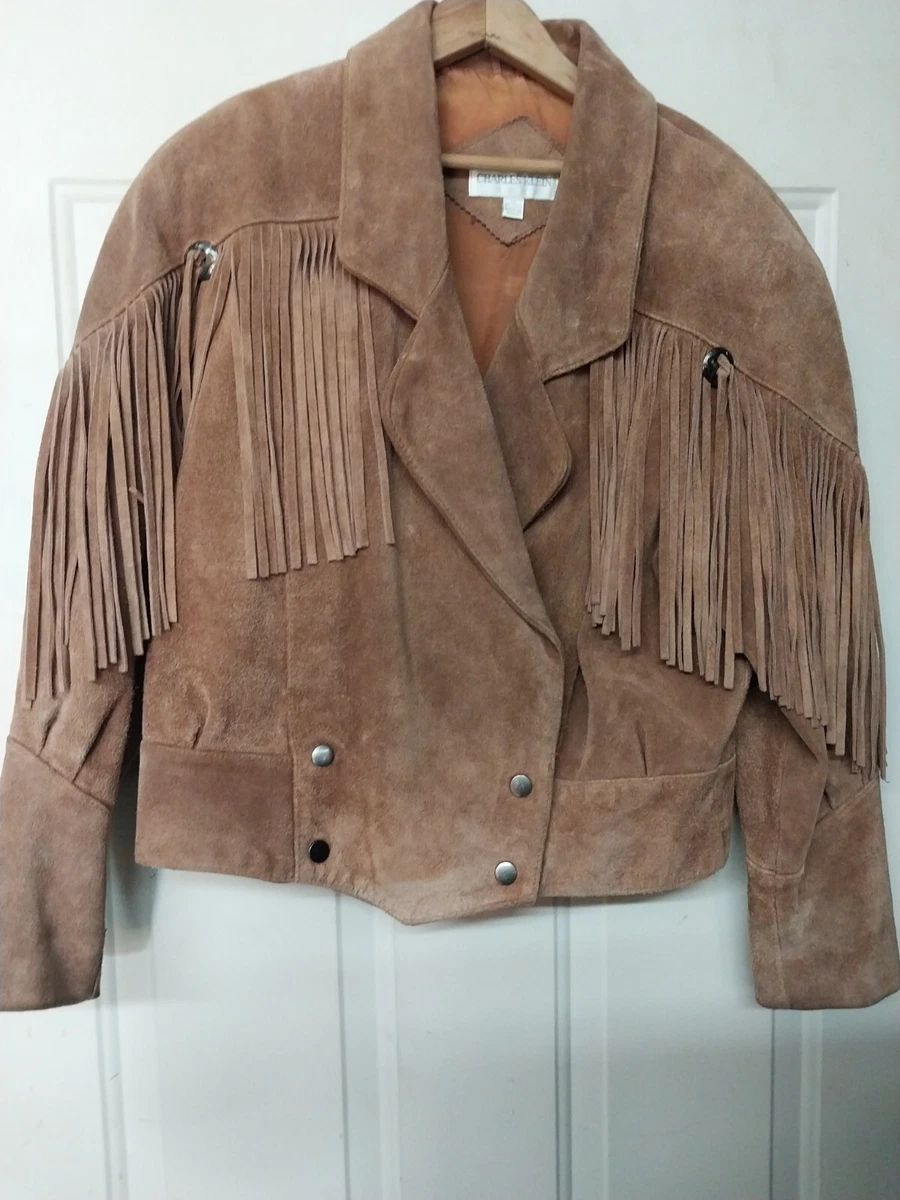 Charles Klein Western Biker Brown Suede Leather Fringed Jacket