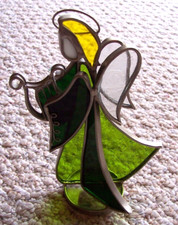 Green Stained Glass Angel Playing Harp 6.5" Tall