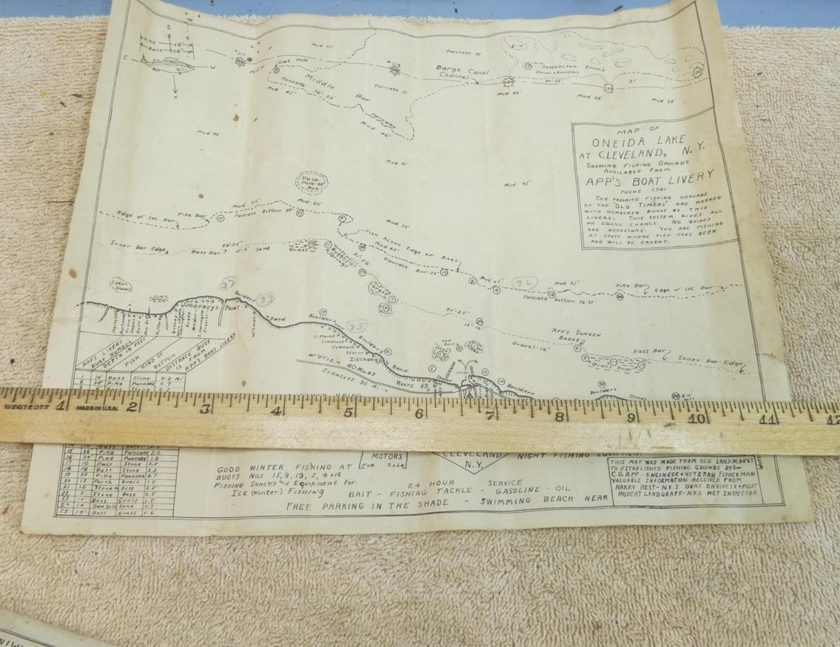VTG Map Of Oneida Lake At Cleveland NY Fishing Apps Boat Livery Bass Pike  Perch