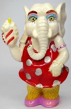 Vtg 1983 Lucky White Elephant Coin Bank Red Polka Dot Dress Small World Import