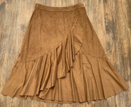 Soft Surroundings Faux Suede Midi Skirt Ruffled Tier Brown Western Sz M Petite