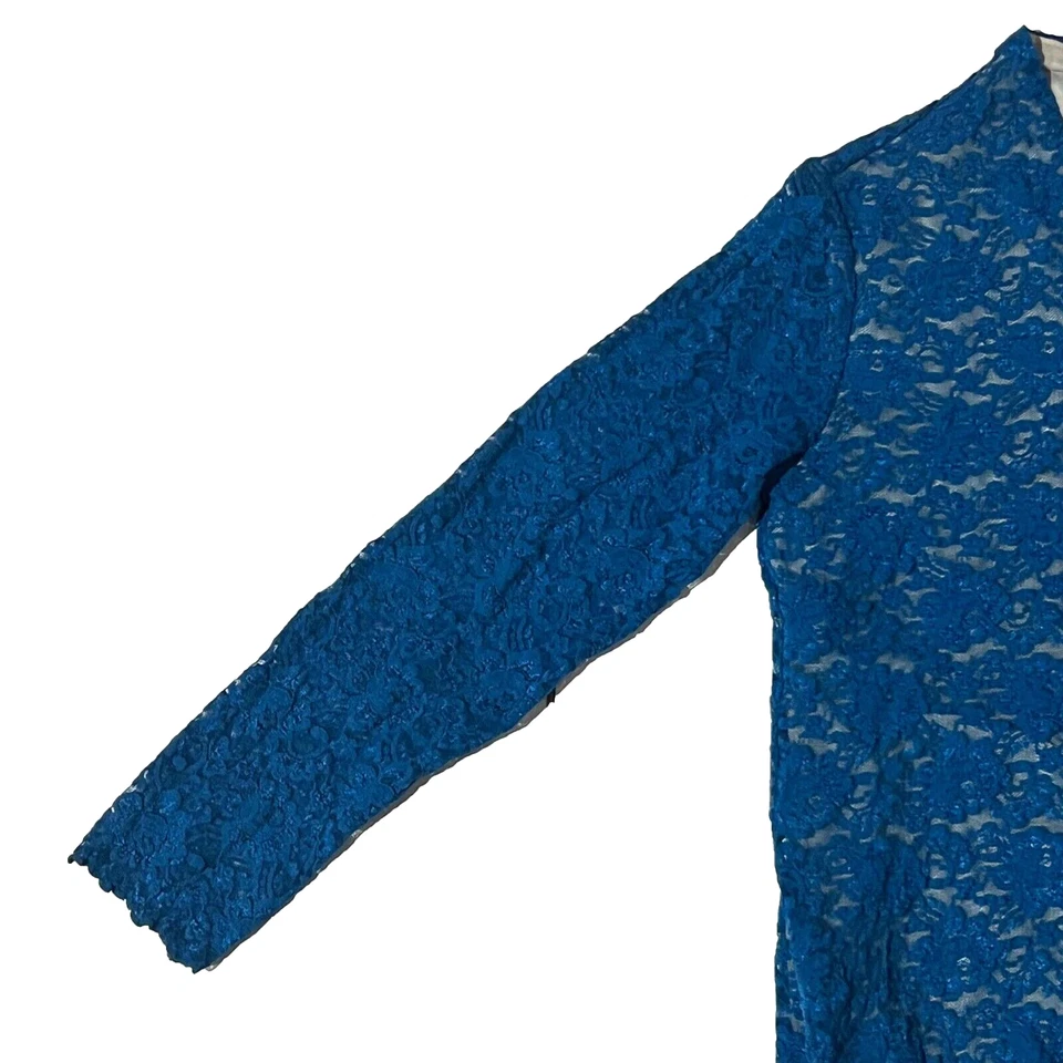 Женская блуза Dialogue синяя кружевная прозрачная с длинными рукавами с цветочным узором размер Small - Изображение 3 из 4