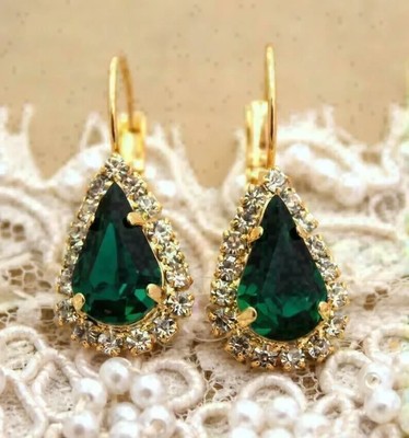 Drop Earrings 2Ct Pear Lab Created Emerald Halo Wedding 14K Yellow Gold Plated