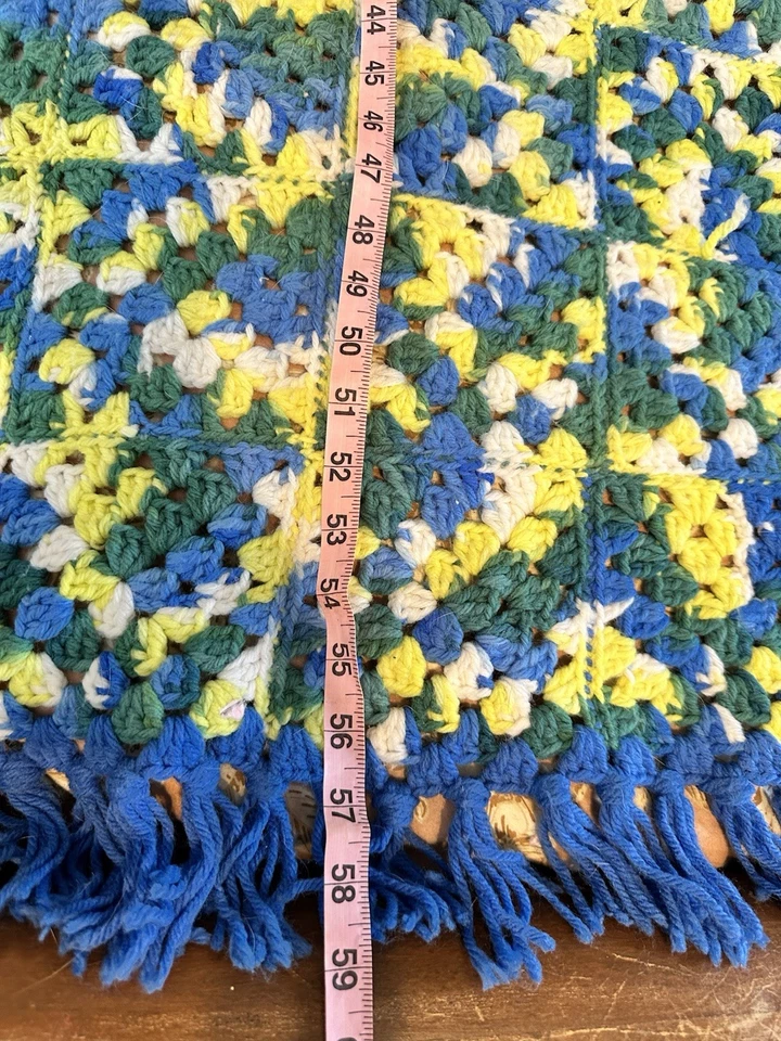 Manta afgana con flecos cuadrados de colección verde azul ganchillo 58 X 58 Foto 3 de 4