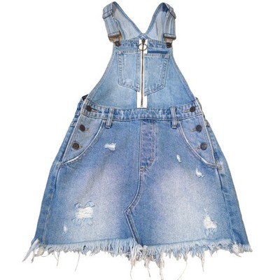 Hidden Buckle  Overall Skirt Denim Jean Women Size XS Distressed Y2K Bibs Pixie
