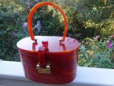 Vintage Lucite Purse Faux Tortoise Shell Oval Box Bag Amber Color Double Tier