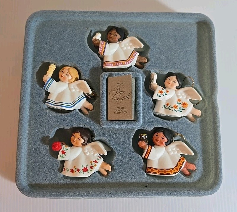 Peace on Earth CERAMIC ANGEL ORNAMENTS by Avon (set of 5)