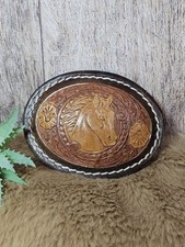 Vintage Tooled Leather Horse Head Western Belt Buckle Cowboy Rodeo Equestrian