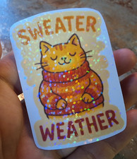 New Handmade Sparkly Glitter Holographic Sticker Cute Cat "Sweater Weather"