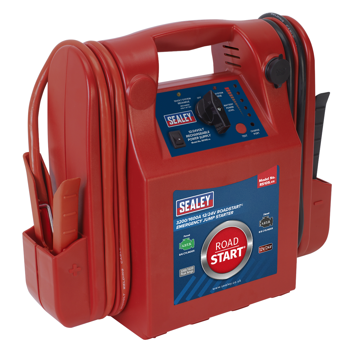 Sealey RS105 3200/1600A 12/24V RoadStart Emergency Jump Starter For 8 Cylinders