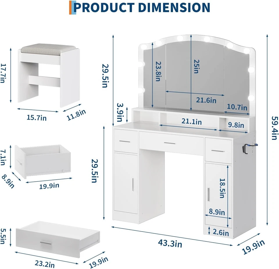 Vanity Desk with Mirror & LED Lights, 3 Drawers Makeup Table with Outlet - Image 3 of 4