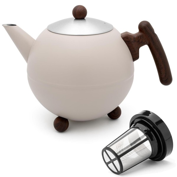 Edelstahl Teekanne 1.2 Liter Doppelwandig Kanne Teefilter Sieb Beige Teebereiter-image