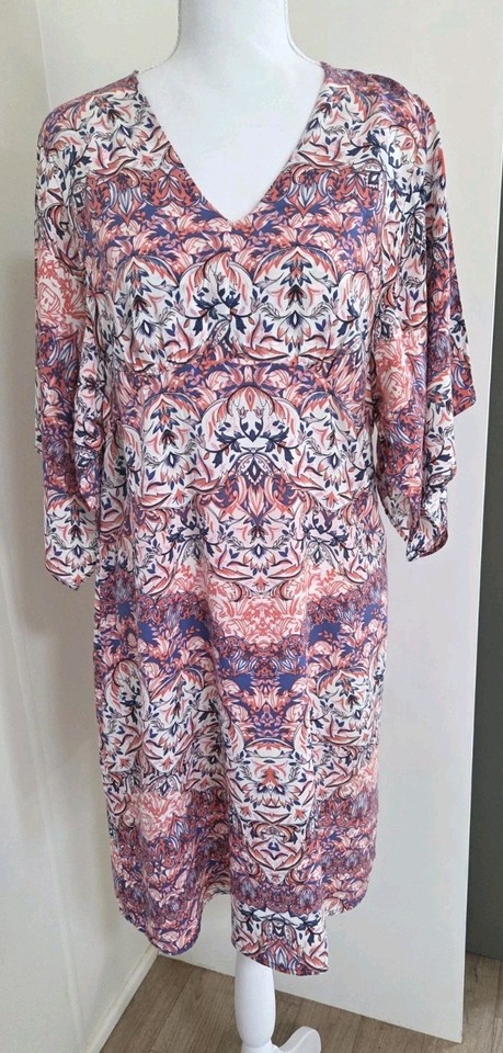 Blue Illusion Dress XS Boho Print Tunic Kaftan Style V-Neck Rayon Summer