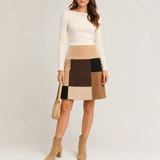 VTG 90s Patchwork Suede Leather A-Line Skirt Boho Multicolor Sz 10