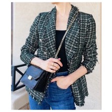 Rachel Zoe Fringe Tweed Blazer Jacket Size S Plaid Academia Preppy Office Green