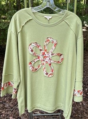 M Easel Los Angeles Meadow Green Flower Patchwork Top Relaxed 3/4 Slv NEW NWT