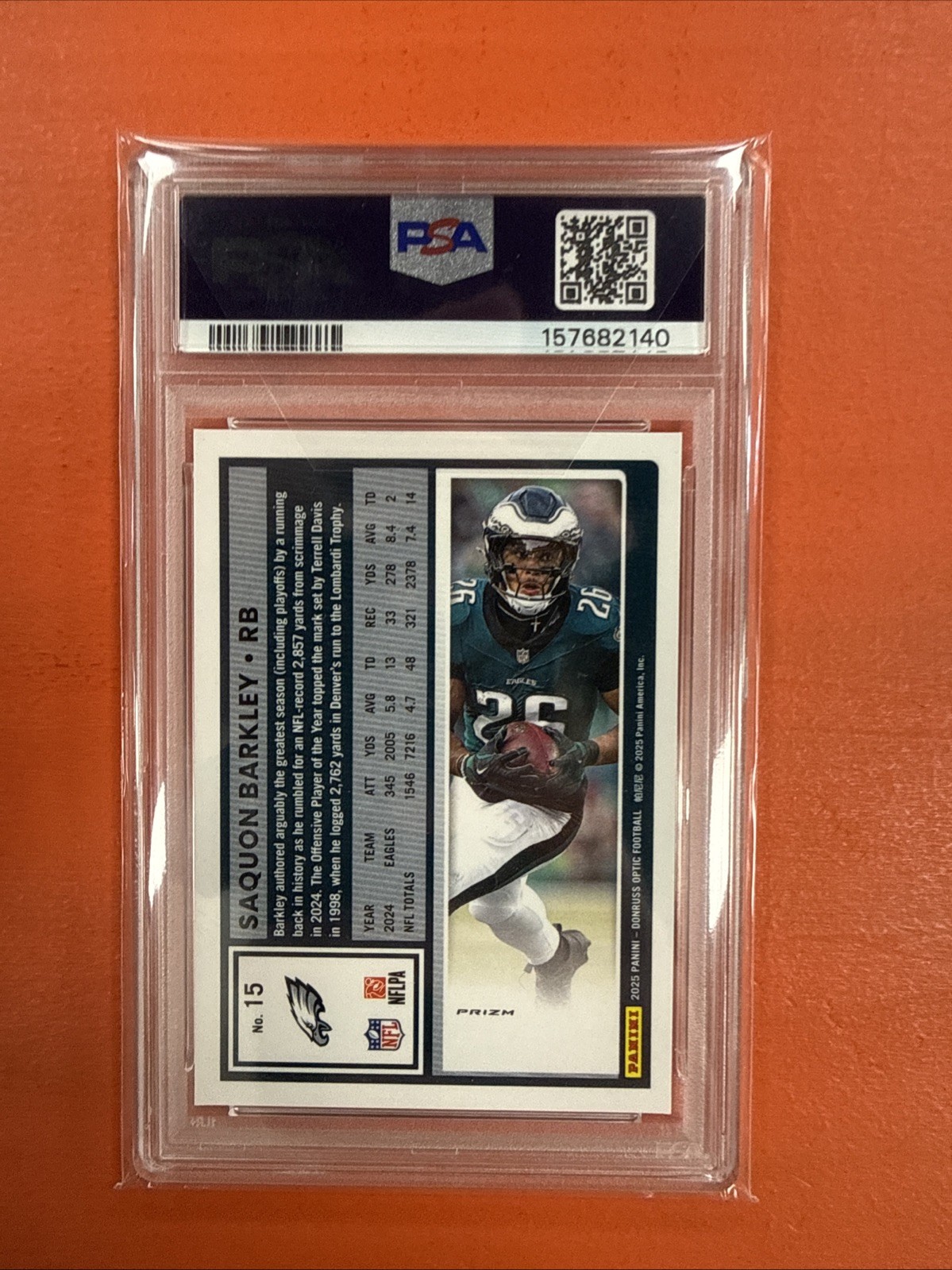2025 Donruss Optic Football Saquon Barkley #15 Fire Emoji SSP PSA 10 POP 2 view 2