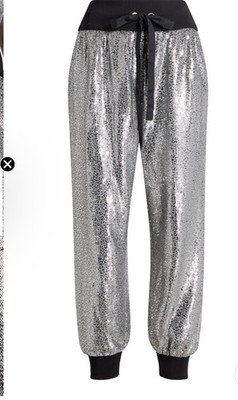 Cinq à Sept  Giles Sequin Joggers Banded Drawstring Waist Silver Size M NWT