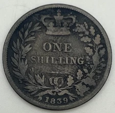 1839 Great Britain 1 Shilling Queen Victoria Sterling Silver Dark Toning Toned