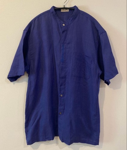 Celine, Celine Vintage Old 90S 00S Short Sleeve Linen Shirt No Collar Band Limited Editi