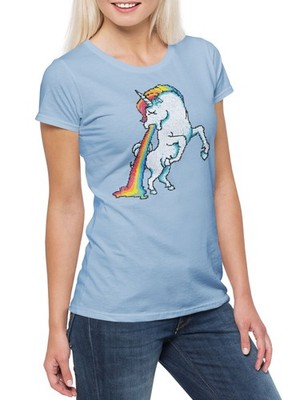 Pixel Unicorn Puke Damen T-Shirt Kotzendes Einhorn Regenbogen Horn Rainbow Pixel