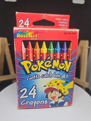 VTG Pokemon Ash & Pikachu 24 Crayons Box RoseArt 1999 Nice Condition New Crayons