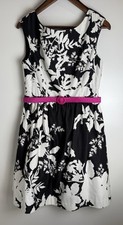 Eliza J Dress Black and White Floral Fit And Flare With Pink Belt Size 10