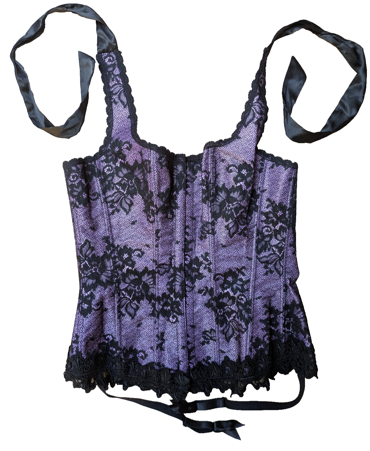 Y2K FREDERICK'S OF HOLLYWOOD 32 Hook + Lace Up Halter Corset Lavender Black Lace