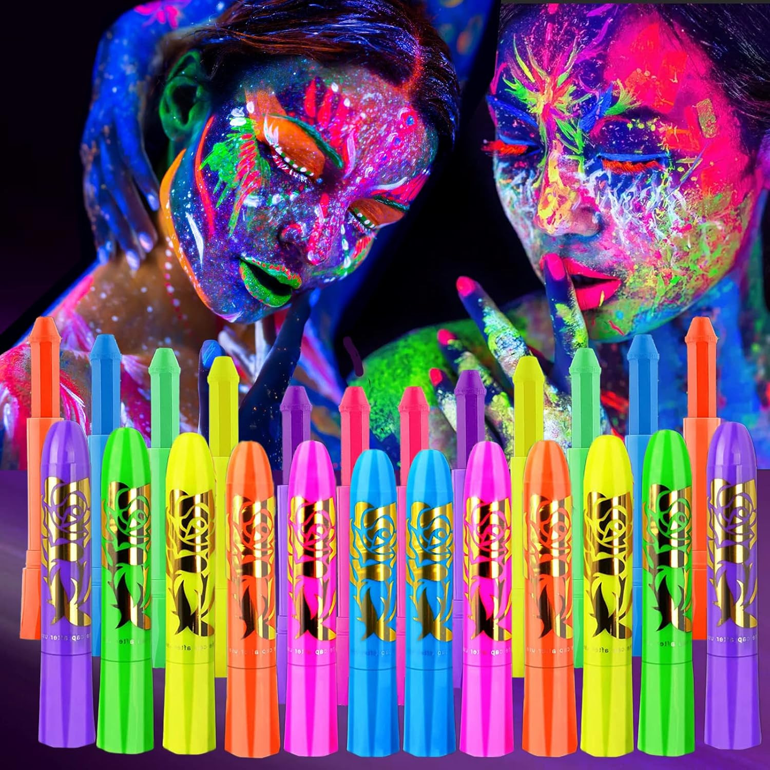 doce pinturas para cara y cuerpo neon con luz ultravioleta para fiesta halloween
